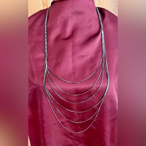 Elegant Gunmetal Multi-Layer Necklace Braided Chain Liquid Silver 6 Strands VTG - Picture 7 of 11